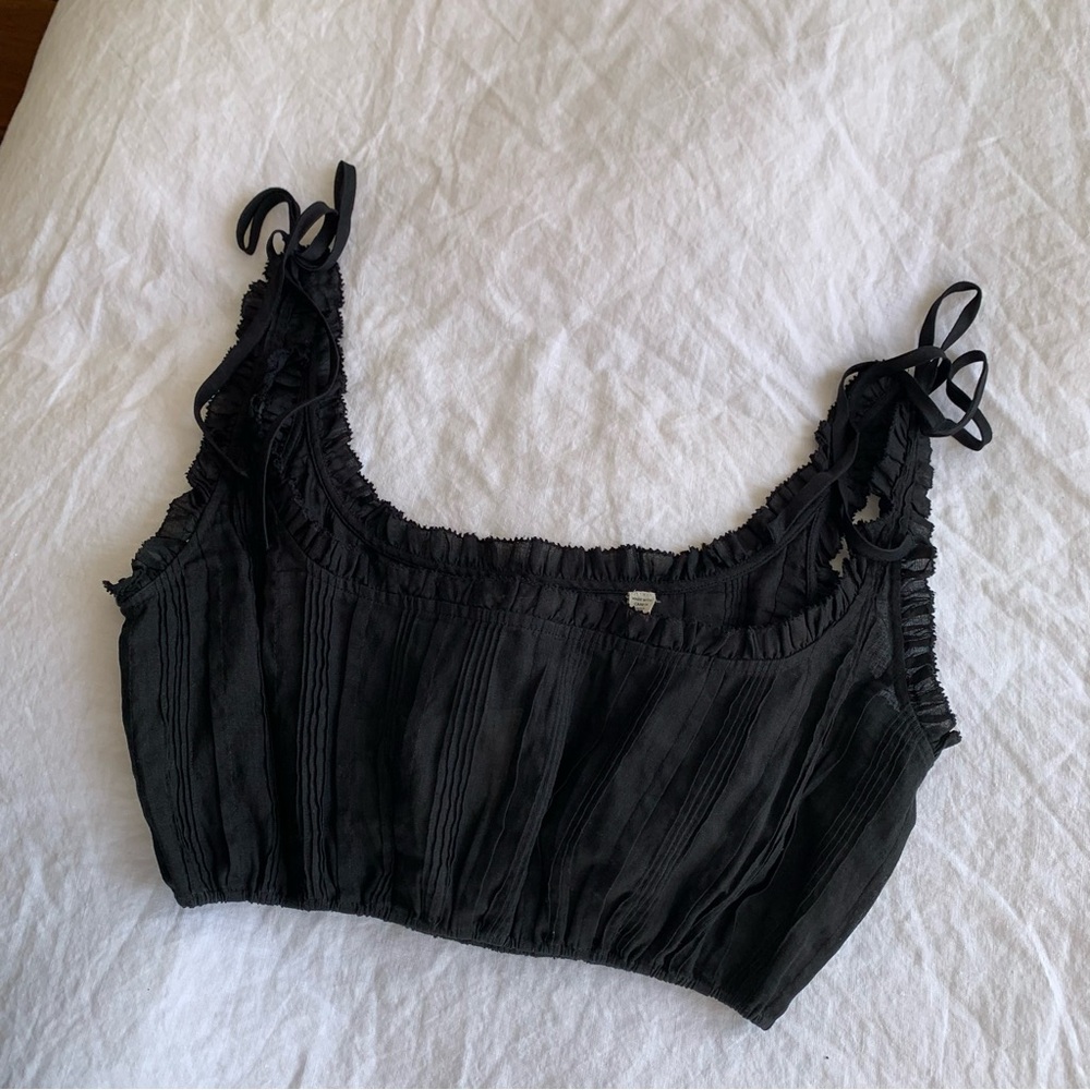 NWT Doen Renee Ramie Pintuck Ruffle Sleeveless Tie Crop Blouse Top Black - Picture 6 of 11